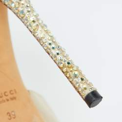 Gucci Beige Satin Crystal Embellished Ankle Strap Peep Toe Platform Sandals Size 39