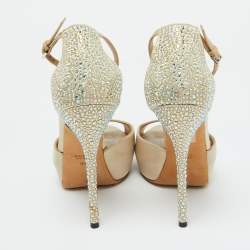 Gucci Beige Satin Crystal Embellished Ankle Strap Peep Toe Platform Sandals Size 39