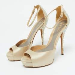 Gucci Beige Satin Crystal Embellished Ankle Strap Peep Toe Platform Sandals Size 39