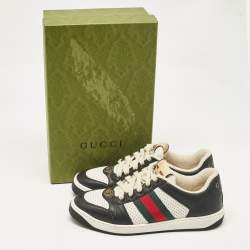 مملوكة مسبقًا Gucci Black/White Perforated Leather Screener Sneakers Size 38.5