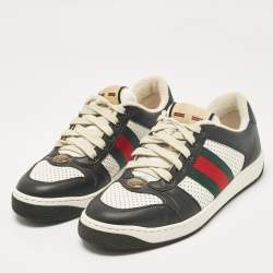 مملوكة مسبقًا Gucci Black/White Perforated Leather Screener Sneakers Size 38.5