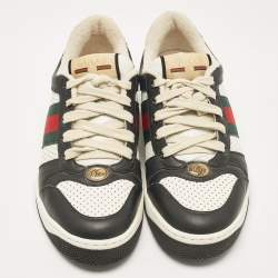 مملوكة مسبقًا Gucci Black/White Perforated Leather Screener Sneakers Size 38.5