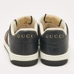 مملوكة مسبقًا Gucci Black/White Perforated Leather Screener Sneakers Size 38.5