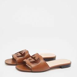 مملوكة مسبقًا Gucci Brown Leather Interlocking G Cut Out Flat Slides Size 38