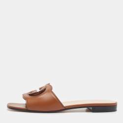 مملوكة مسبقًا Gucci Brown Leather Interlocking G Cut Out Flat Slides Size 38