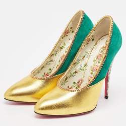 Gucci Gold/Green Suede and Leather Crystal Embellished Pumps Size 37