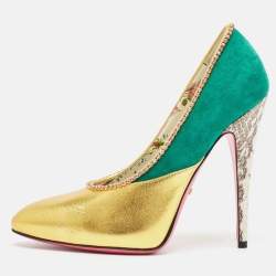 Gucci Gold/Green Suede and Leather Crystal Embellished Pumps Size 37