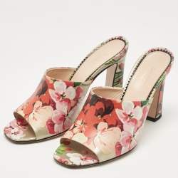 Pre Owned Gucci Multicolor Shanghai Blooms Print Leather Slide Sandals Size 36.5