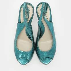 Gucci Blue Python Embossed Leather Sofia Slingback Sandals Size 36