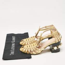 Pre Owned Gucci Gold Leather Crystal Embellished Ankle Strap Sandals Size 39