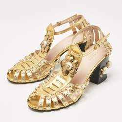 Pre Owned Gucci Gold Leather Crystal Embellished Ankle Strap Sandals Size 39