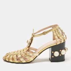 Pre Owned Gucci Gold Leather Crystal Embellished Ankle Strap Sandals Size 39