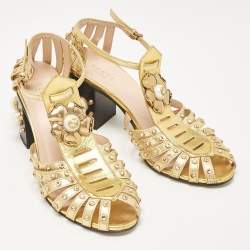 Pre Owned Gucci Gold Leather Crystal Embellished Ankle Strap Sandals Size 39