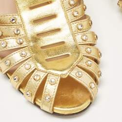 Pre Owned Gucci Gold Leather Crystal Embellished Ankle Strap Sandals Size 39