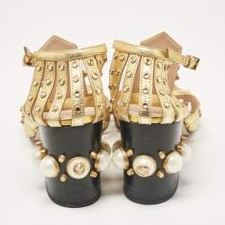 Pre Owned Gucci Gold Leather Crystal Embellished Ankle Strap Sandals Size 39
