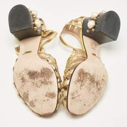 Pre Owned Gucci Gold Leather Crystal Embellished Ankle Strap Sandals Size 39