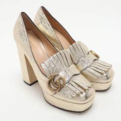 Gucci Gold Crinkled Leather GG Marmont Platform Pumps Size 38