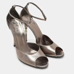 Pre Owned Gucci Metallic Leather Embellished Heel Ankle Strap Sandals Size 37