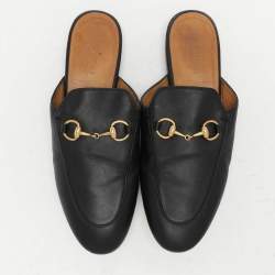 Gucci Black Leather Princetown Horsebit Mules Size 36.5