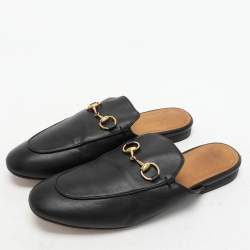 Gucci Black Leather Princetown Horsebit Mules Size 36.5