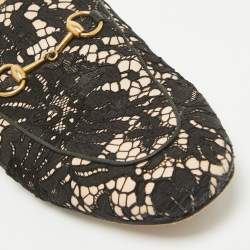 Gucci Black/Beige Lace and Leather Princetown Flat Mules Size 39.5