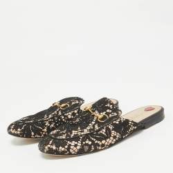 Gucci Black/Beige Lace and Leather Princetown Flat Mules Size 39.5