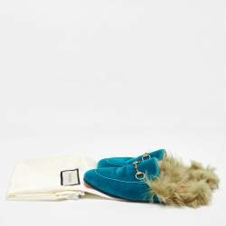 Gucci Blue Velvet and Fur Lined Princetown Flat Mules Size 36