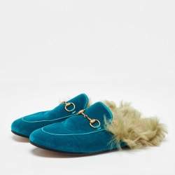 Gucci Blue Velvet and Fur Lined Princetown Flat Mules Size 36