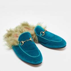 Gucci Blue Velvet and Fur Lined Princetown Flat Mules Size 36