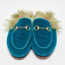 Gucci Blue Velvet and Fur Lined Princetown Flat Mules Size 36