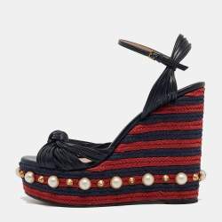 Gucci Navy Blue Knotted Leather Pearl Embellished Espadrille Wedge Sandals Size 39