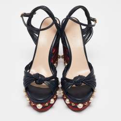 Gucci Navy Blue Knotted Leather Pearl Embellished Espadrille Wedge Sandals Size 39