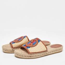 Gucci Beige/Brown Raffia and Leather Interlocking G Espadrille Slide Sandals Size 39