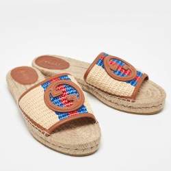 Gucci Beige/Brown Raffia and Leather Interlocking G Espadrille Slide Sandals Size 39