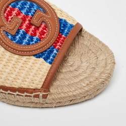 Gucci Beige/Brown Raffia and Leather Interlocking G Espadrille Slide Sandals Size 39