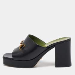 Pre Owned Gucci Black Leather Horsebit Slide Sandals Size 38