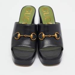 Pre Owned Gucci Black Leather Horsebit Slide Sandals Size 38