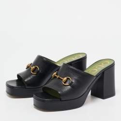 Pre Owned Gucci Black Leather Horsebit Slide Sandals Size 38