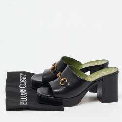 Pre Owned Gucci Black Leather Horsebit Slide Sandals Size 38