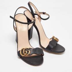 Pre Owned Gucci Black Leather GG Marmont Ankle Strap Sandals Size 38