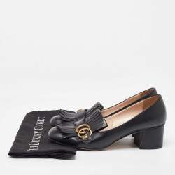 Pre Owned Gucci Black Leather Marmont GG Fringe Detail Block Heel Pumps Size 41