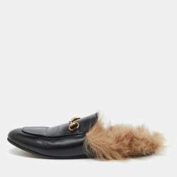 Pre Owned Gucci Black Leather and Fur Lined Princetown Flat Mules Size 40