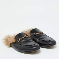 مملوكة مسبقًا Gucci Black Leather and Fur Lined Princetown Flat Mules Size 40