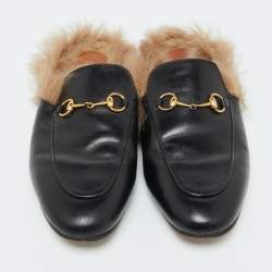 مملوكة مسبقًا Gucci Black Leather and Fur Lined Princetown Flat Mules Size 40
