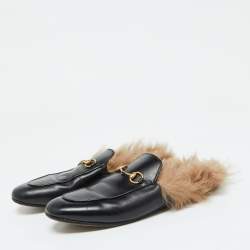 مملوكة مسبقًا Gucci Black Leather and Fur Lined Princetown Flat Mules Size 40