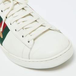 Pre Owned Gucci White Leather Bee Embroidered Ace Low Top Sneakers Size 38.5