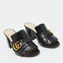 مملوكة مسبقًا Gucci Black Leather GG Marmont Fringe Detail Open Toe Sandals Size 37.5