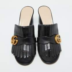 مملوكة مسبقًا Gucci Black Leather GG Marmont Fringe Detail Open Toe Sandals Size 37.5