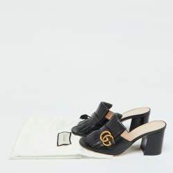 مملوكة مسبقًا Gucci Black Leather GG Marmont Fringe Detail Open Toe Sandals Size 37.5