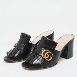 مملوكة مسبقًا Gucci Black Leather GG Marmont Fringe Detail Open Toe Sandals Size 37.5